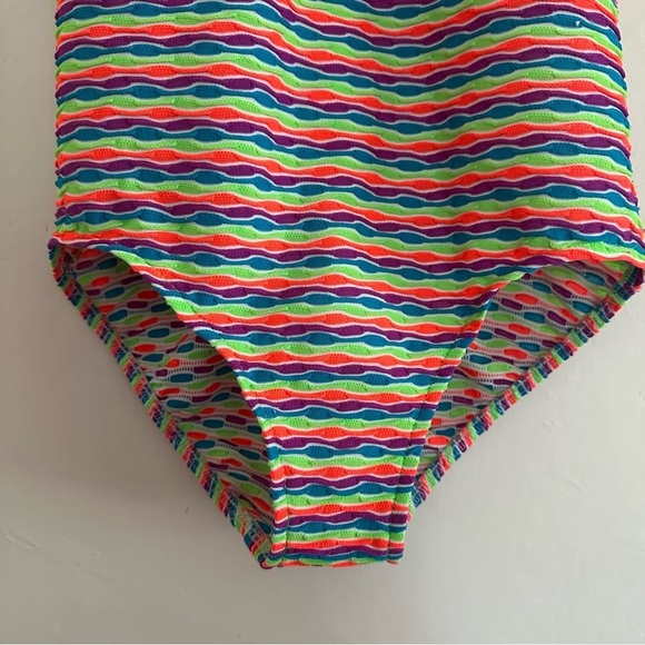 Vintage 90s One Piece Swimsuit Fluorescent Neon Size L/XL Stripes Textured - Picture 4 of 12